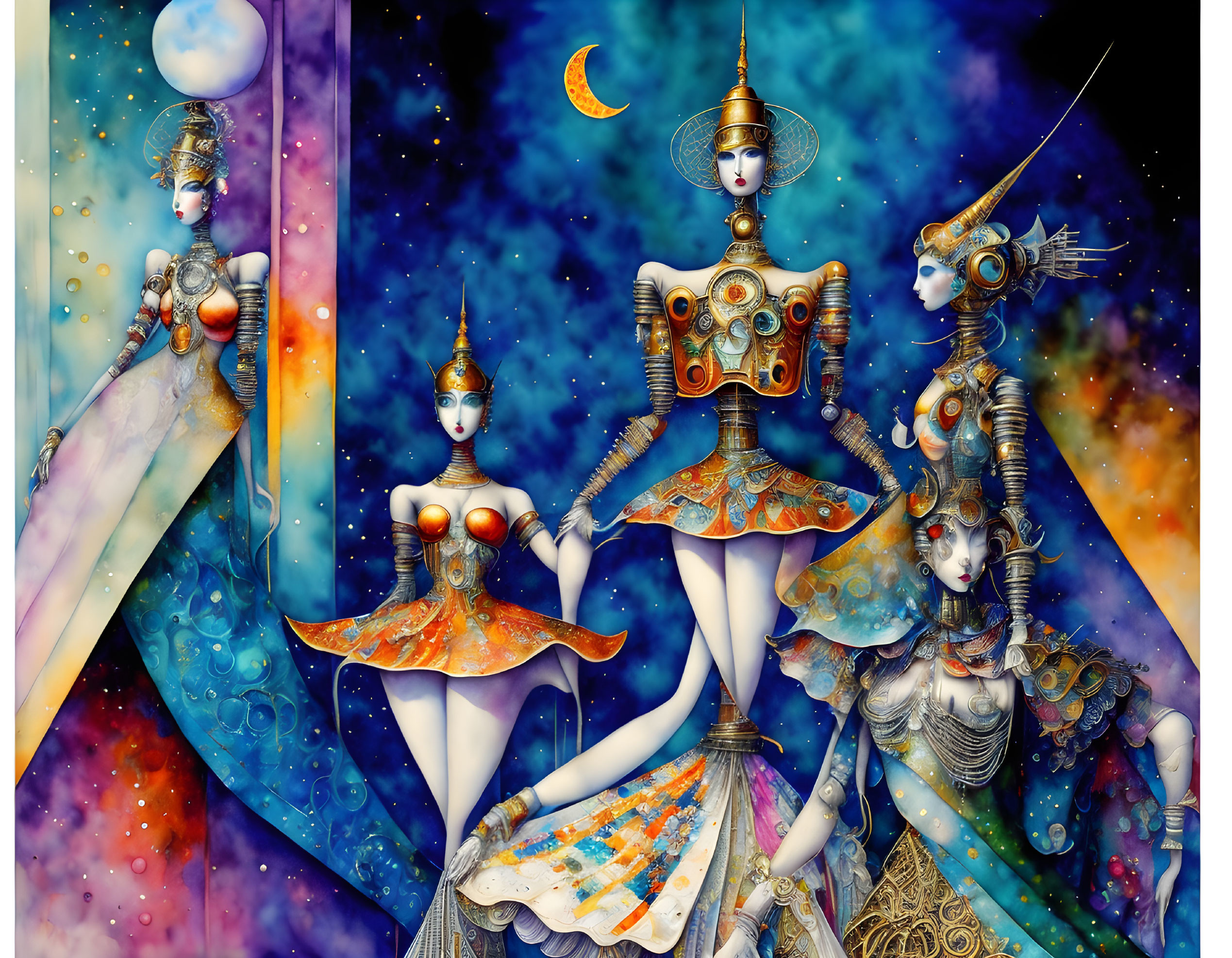 Vibrant futuristic female figures in cosmic setting