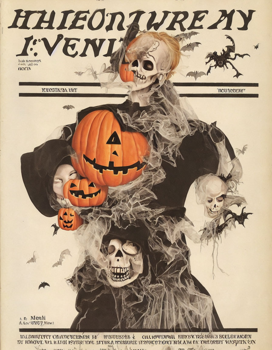 Vintage Halloween Poster with Jack-o'-Lantern Figure, Pumpkins, Bats, and Sep