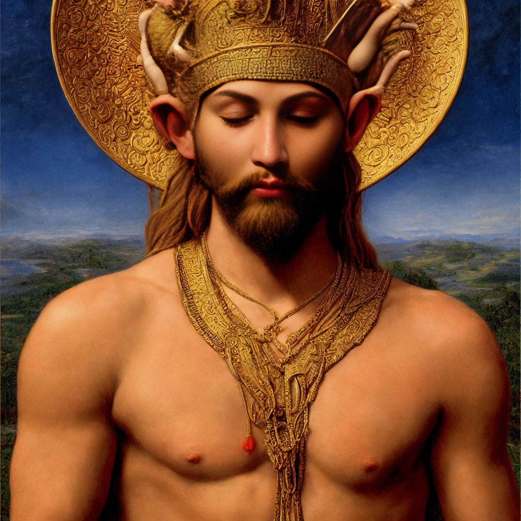 Bearded man with golden horned headpiece in serene landscape