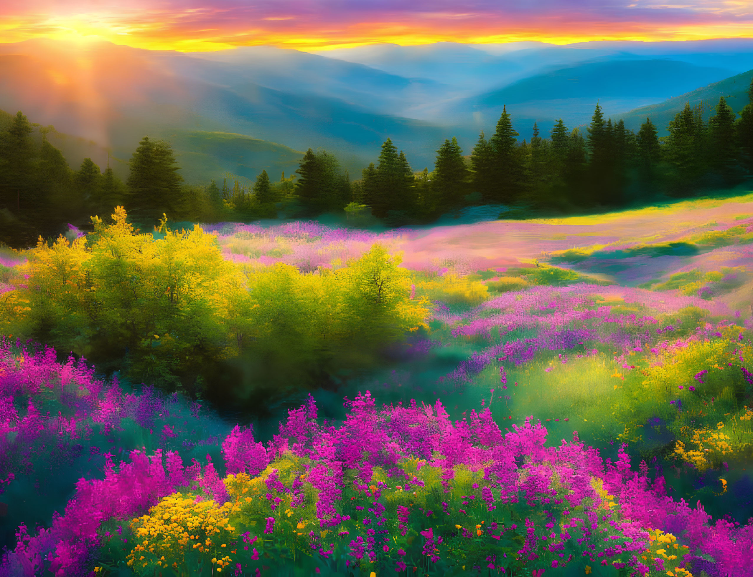 Scenic sunrise over lush mountain landscape with blooming wildflowers