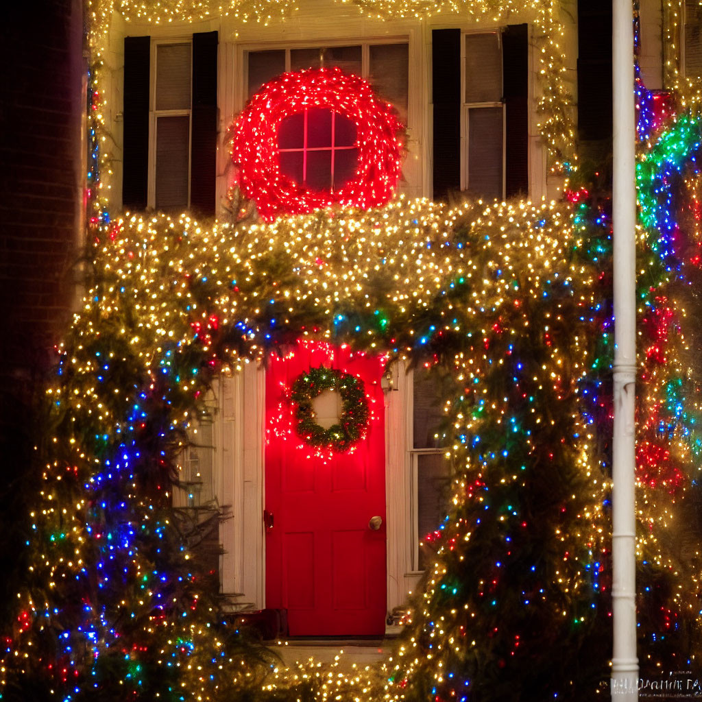 Red Door with Festive Wreaths and Christmas Lights Archway at Night