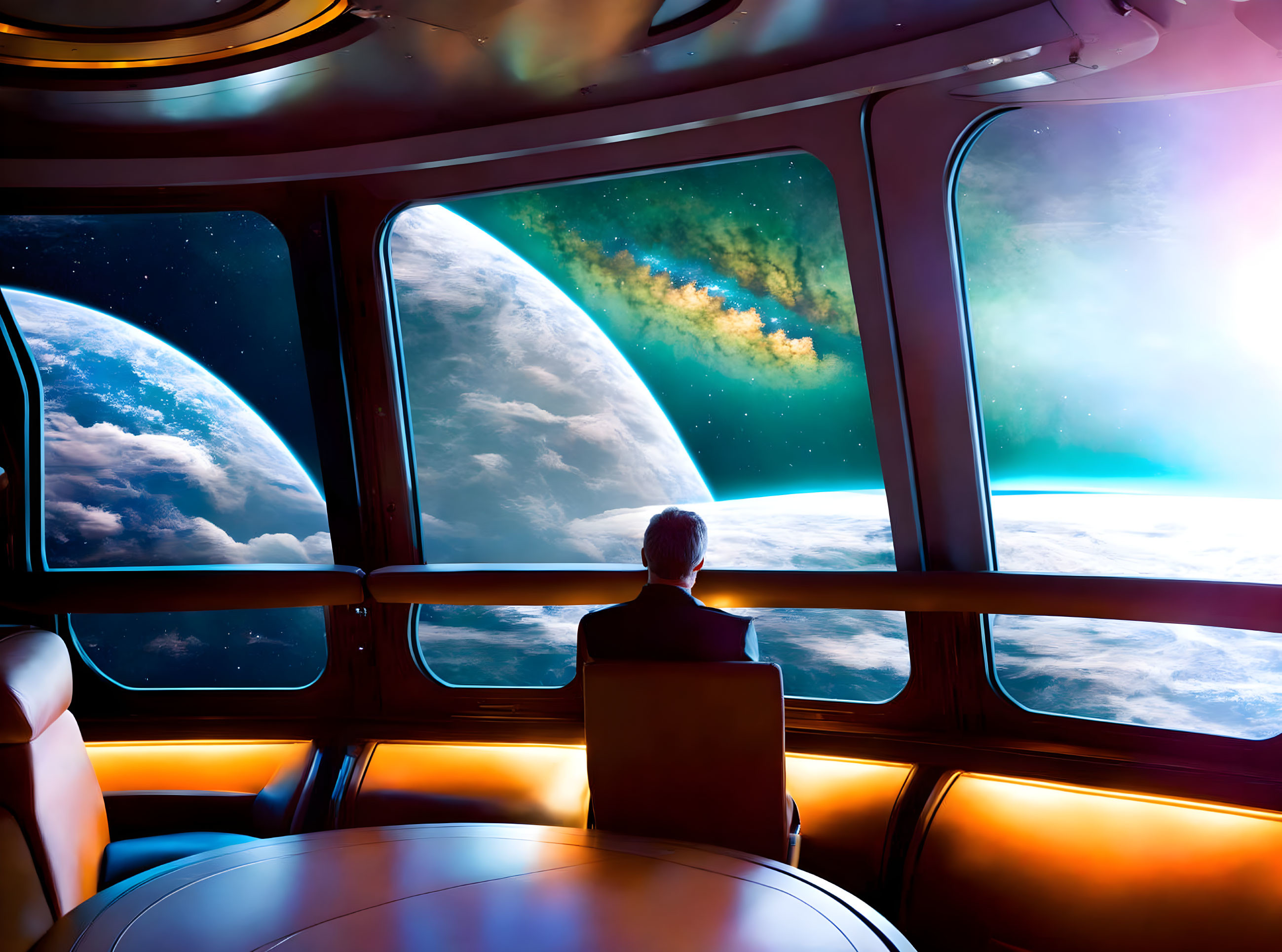 Person sitting in spaceship admiring planets, stars, and colorful nebula.