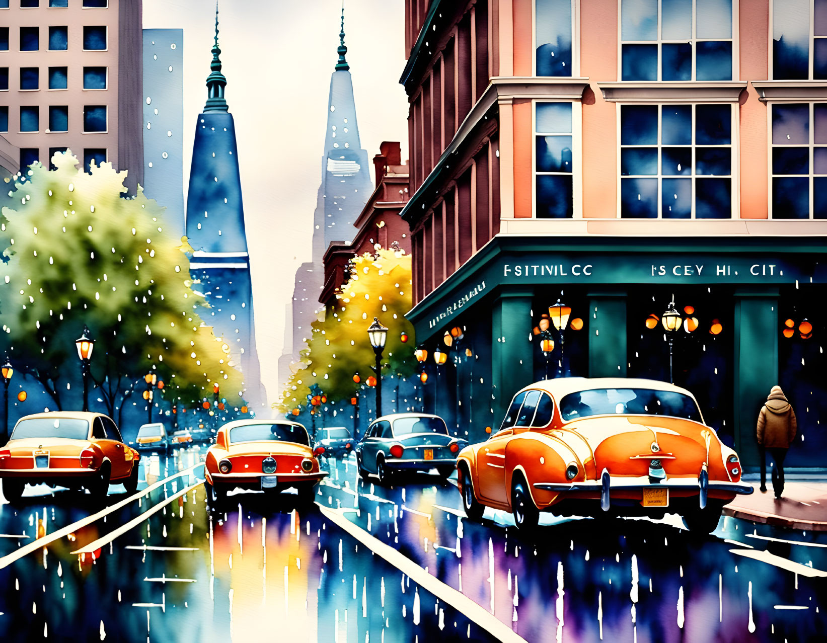 Colorful buildings and vintage cars on rain-soaked city street