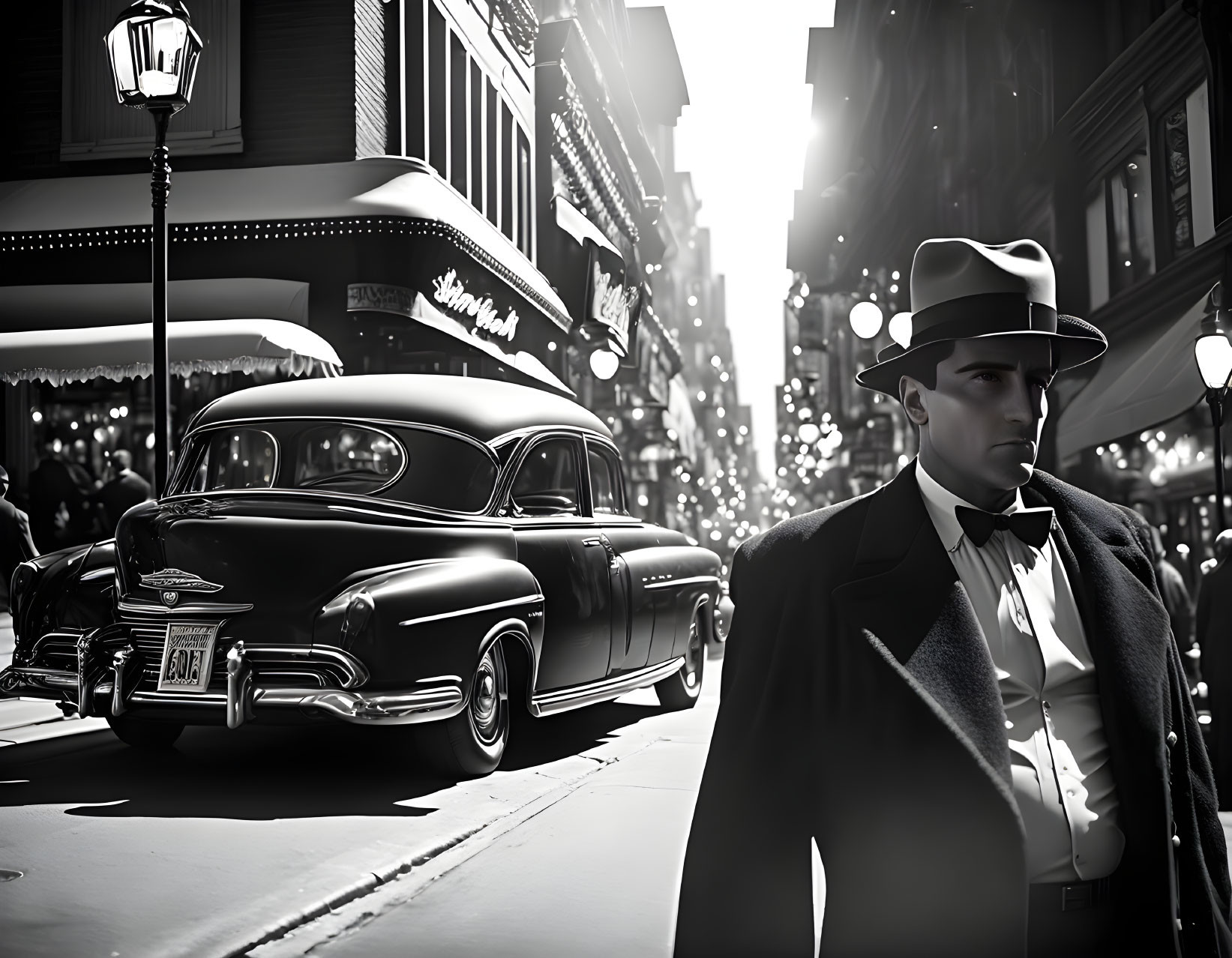 Vintage street scene with man in fedora and coat among old cars