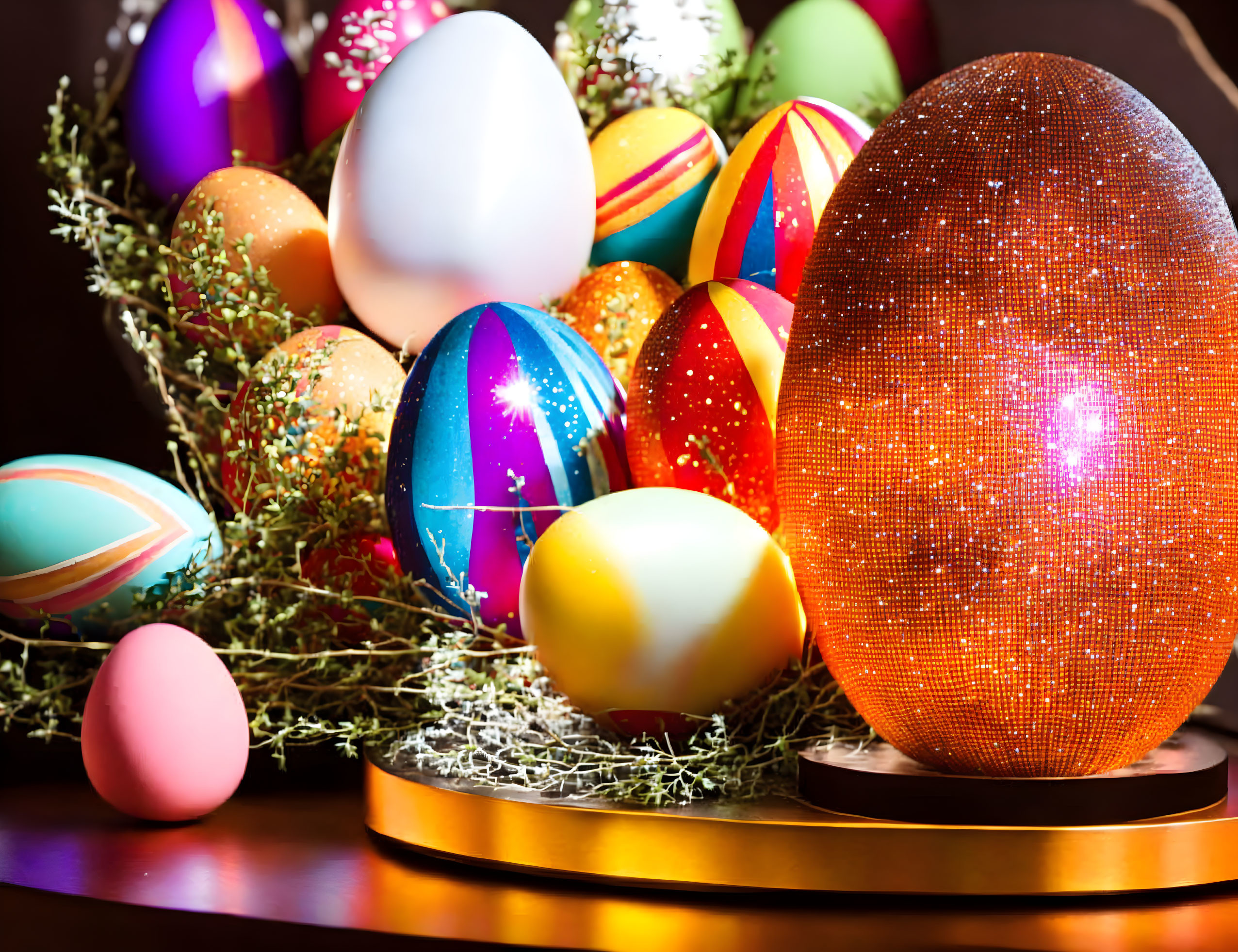 Vibrant Easter egg display with foliage and sparkling centerpiece