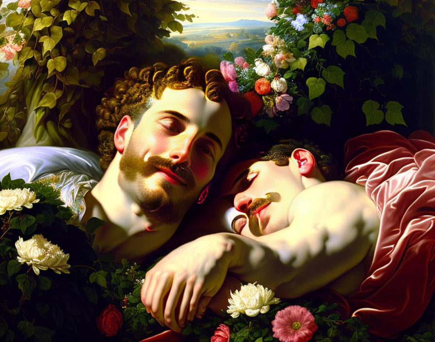 Two men reclining in lush flower setting, one resting head on other's shoulder