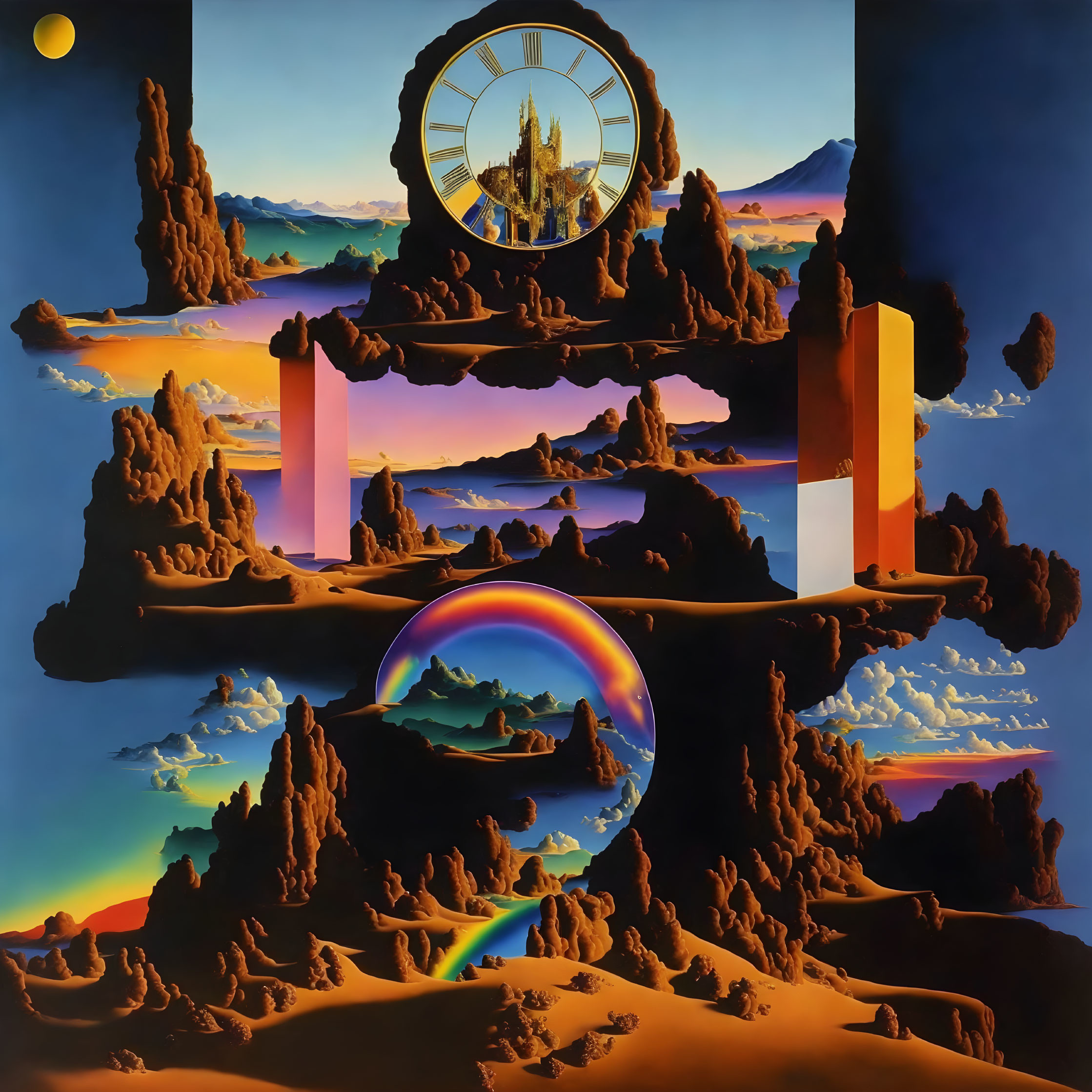 Surreal desert painting with floating shelves, clock, and city reflection.