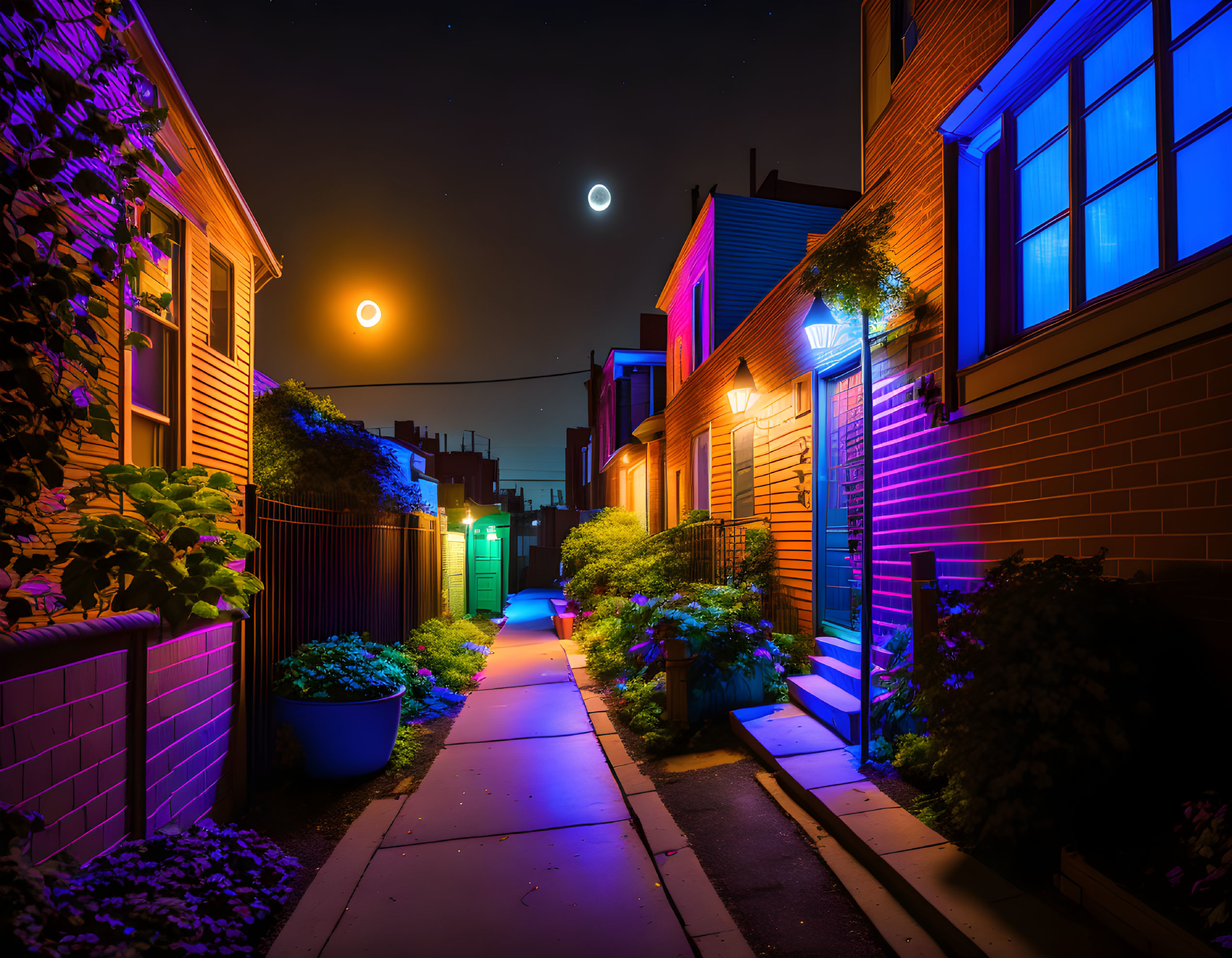 Colorful Night Scene: Alley with Illuminated Buildings, Moon, and Stars