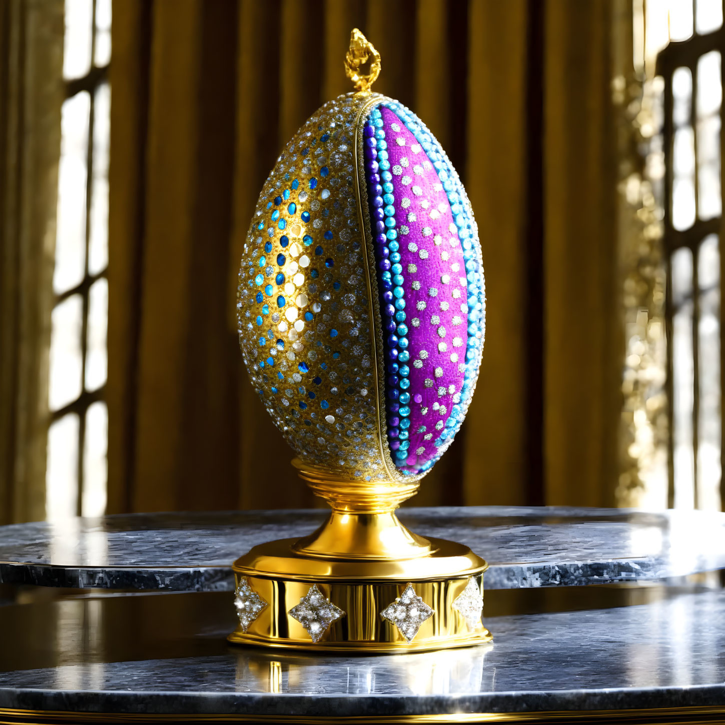 Ornate jeweled egg with blue and purple gemstone inlays on golden pedestal