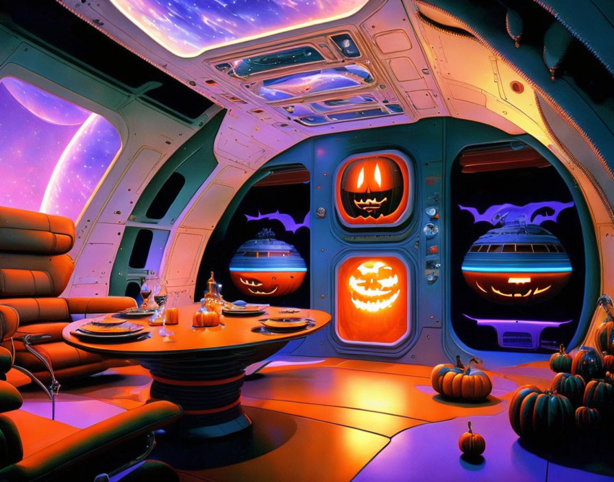 Spaceship interior with Halloween decor and space view