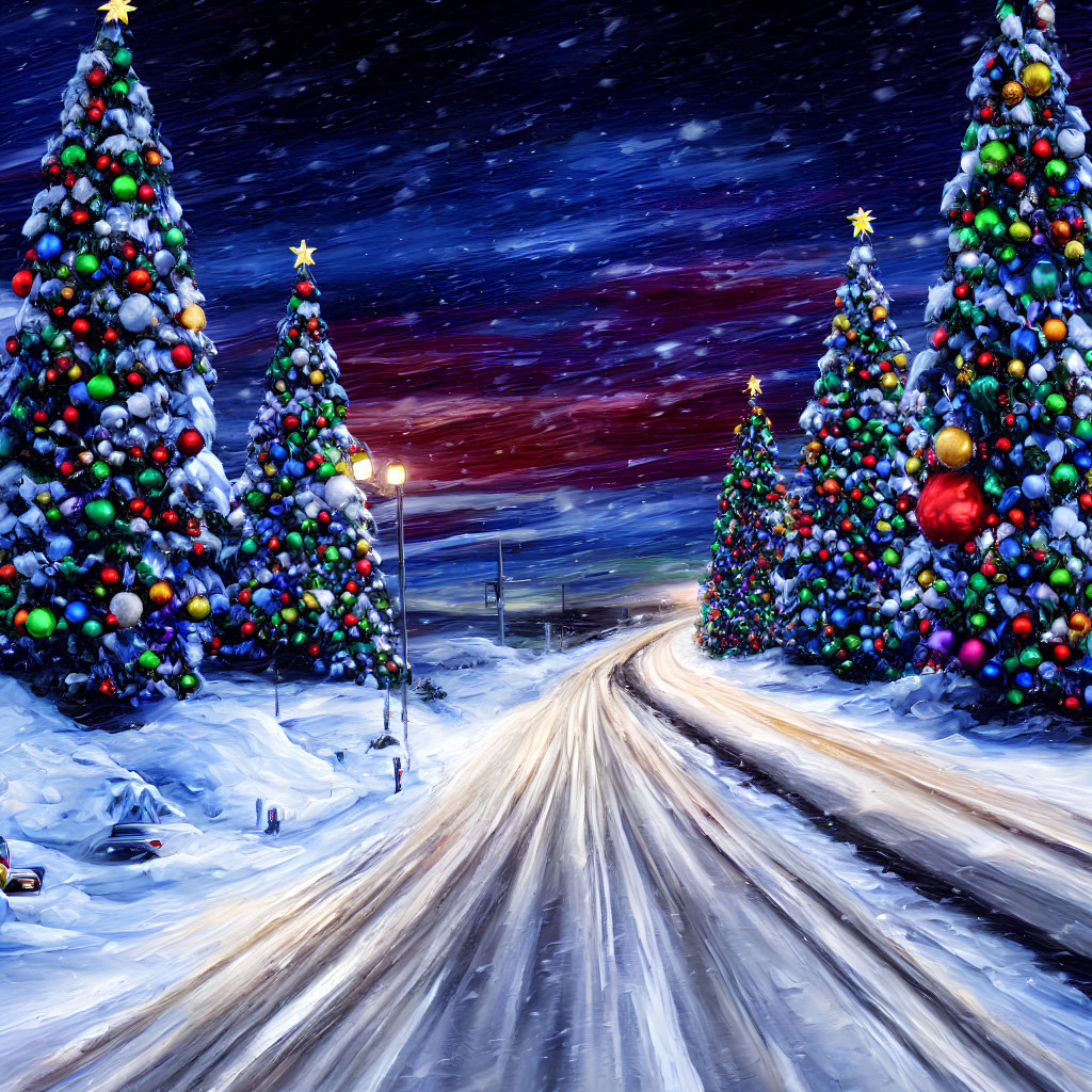 Winter scene: Snowy road, Christmas trees, twilight sky, falling snowflakes, streetlamp