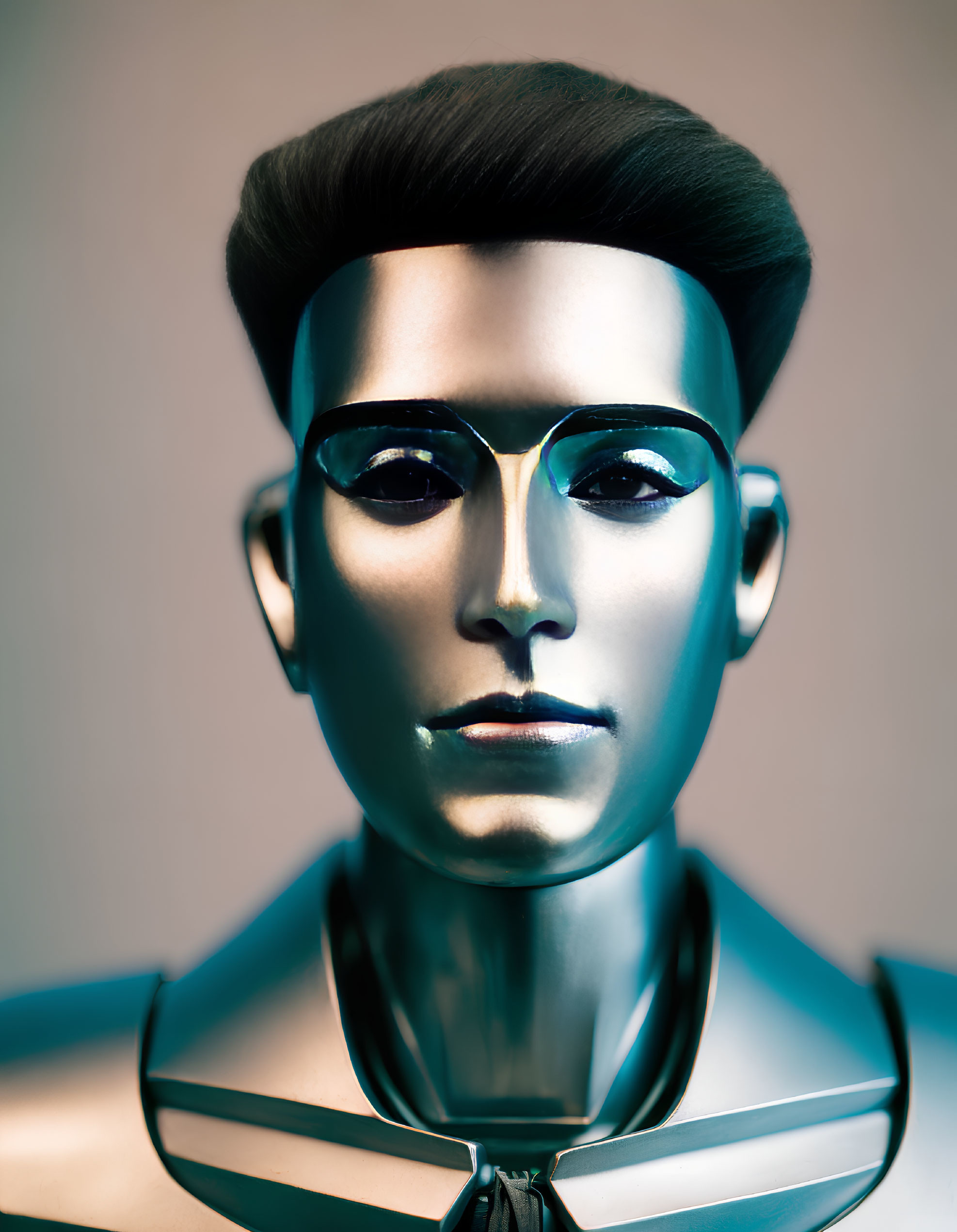 Shiny humanoid robot with stylized face on neutral background