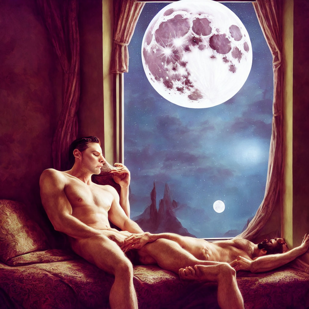 Shirtless man gazes at oversized moon with dog in room with red curtains