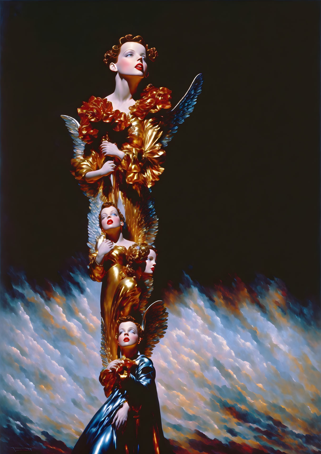 Stylized portrait of person in golden and blue attire with angelic figures on cloud-like background.