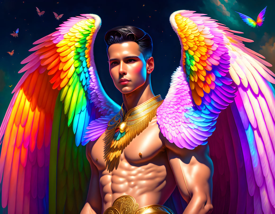 Colorful digital art: male figure with angel wings and butterflies on starry backdrop