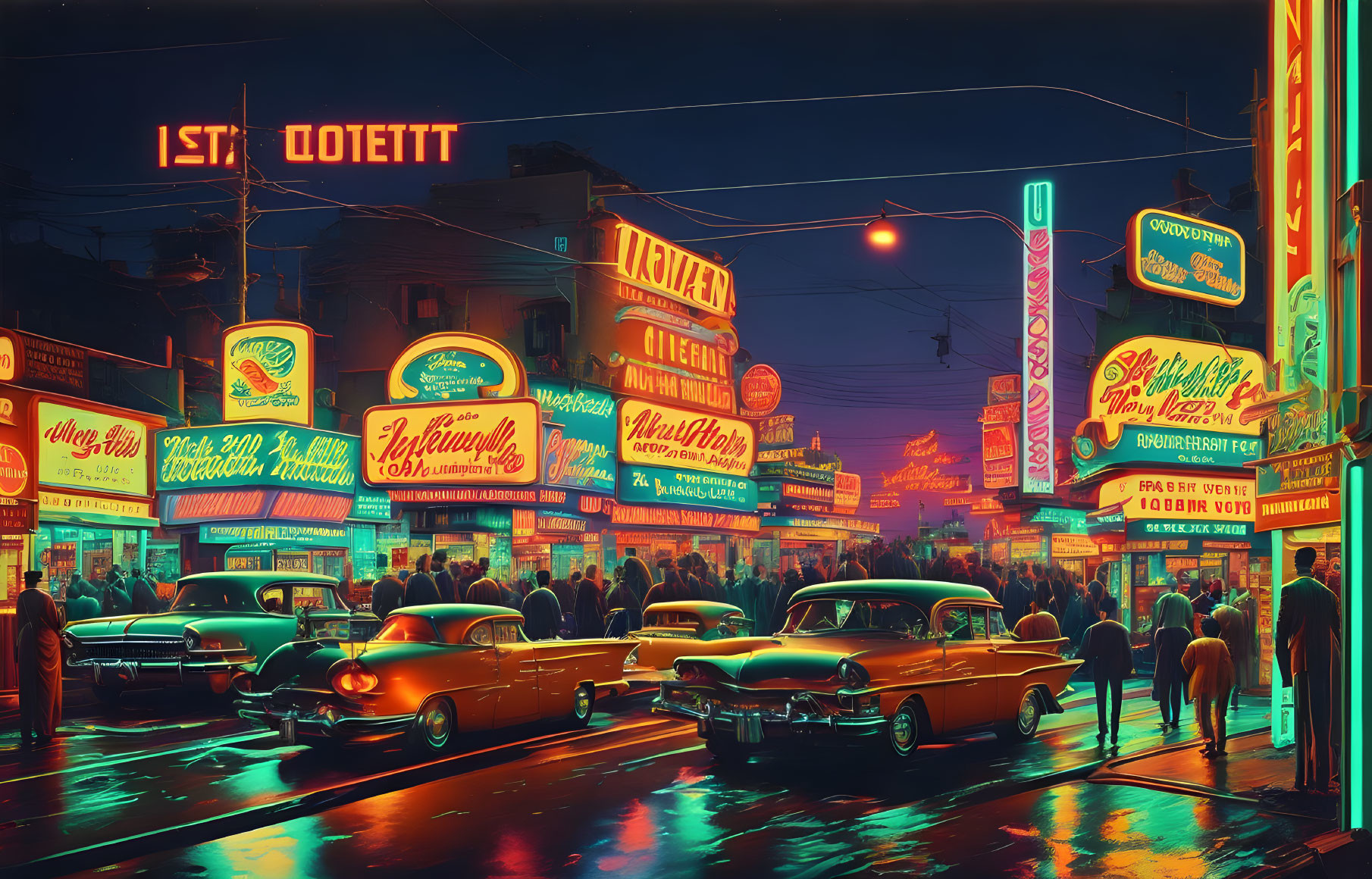 Colorful neon signs light up retro-futuristic city street at night