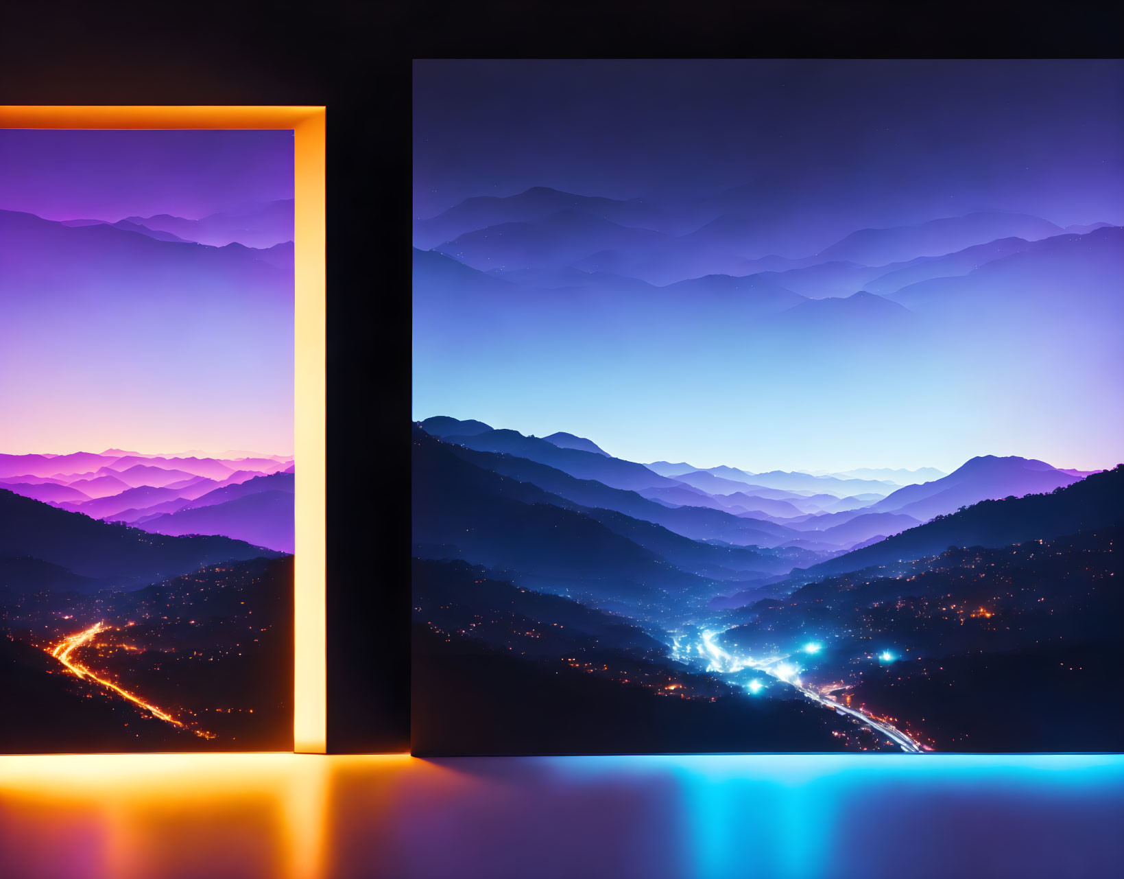 Surreal twilight mountain landscape with glowing portal