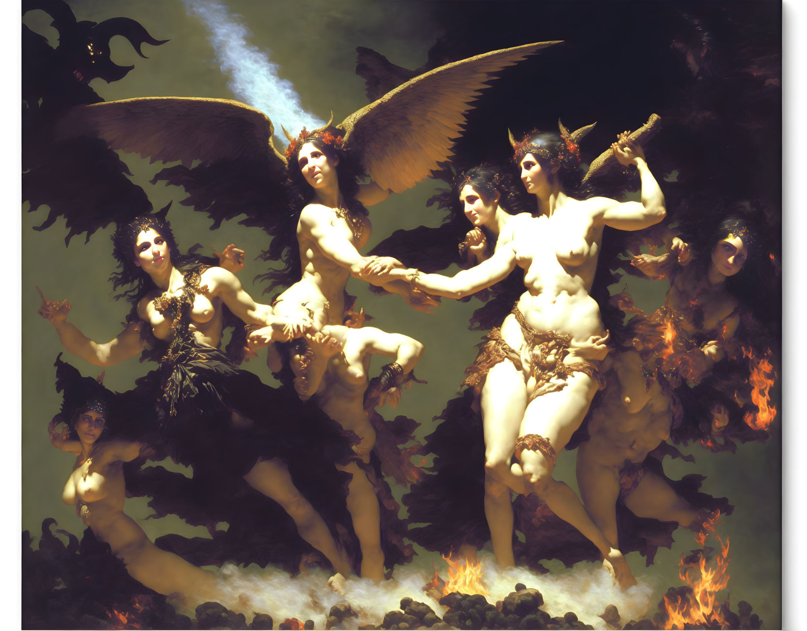 Fantasy painting of six winged demonic figures in flames, with dark creature above