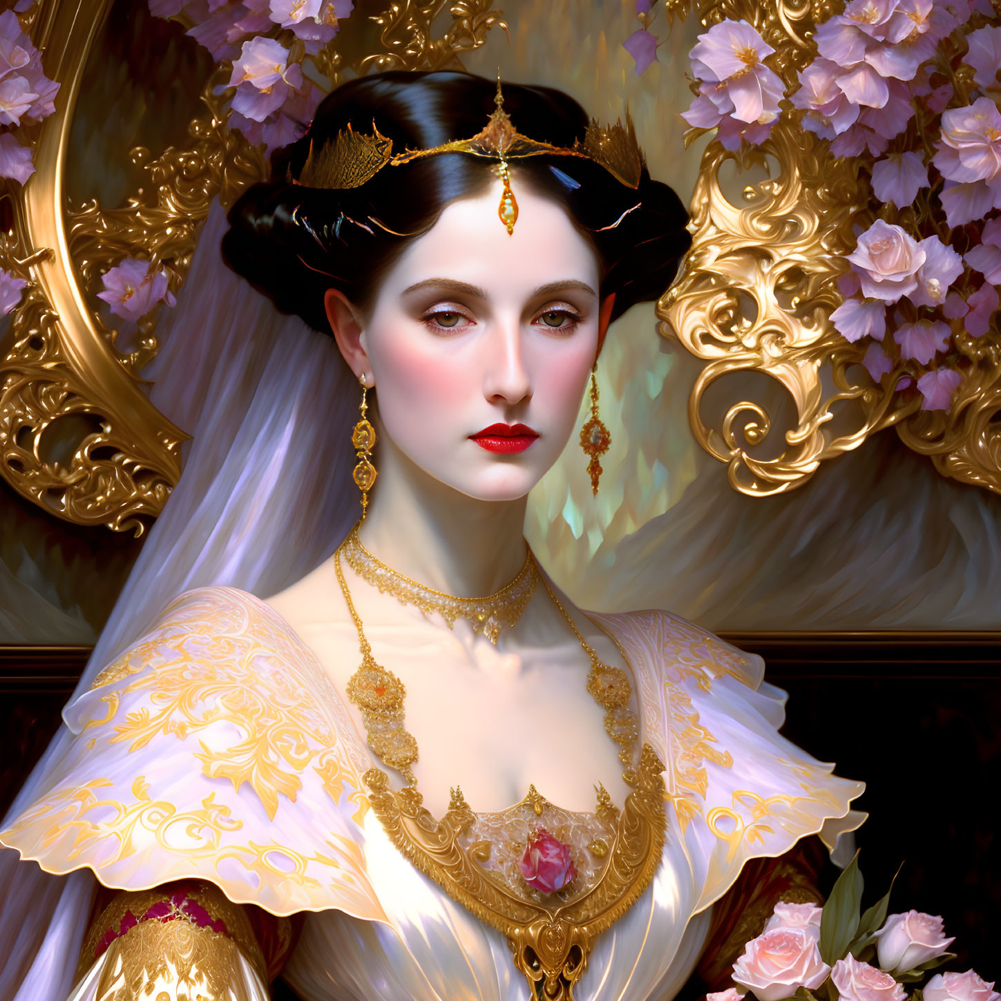 Golden headpiece and jewelry on elegant lady amid lush roses and ornate decor