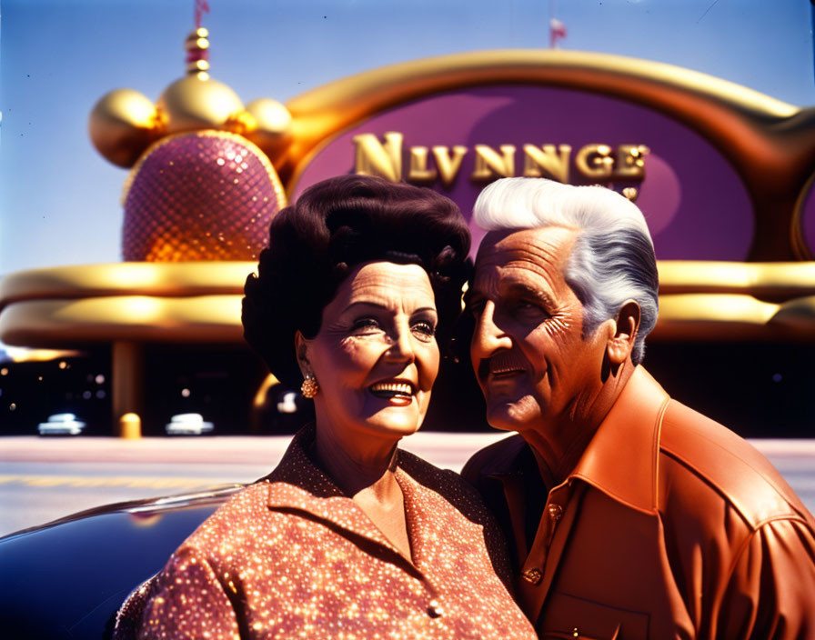 Elderly animated characters smiling in front of futuristic building