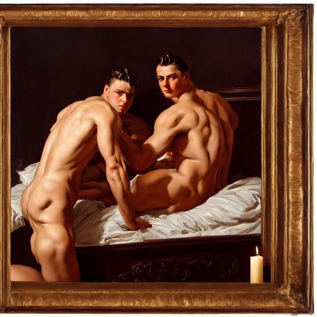 Muscular individuals pose nude on bed by candle in classical painting style