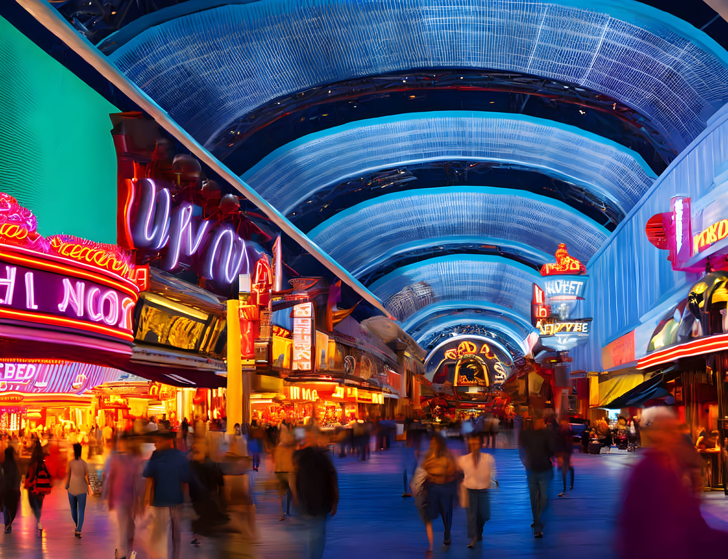 Colorful pedestrian street with LED screen ceiling & neon signs