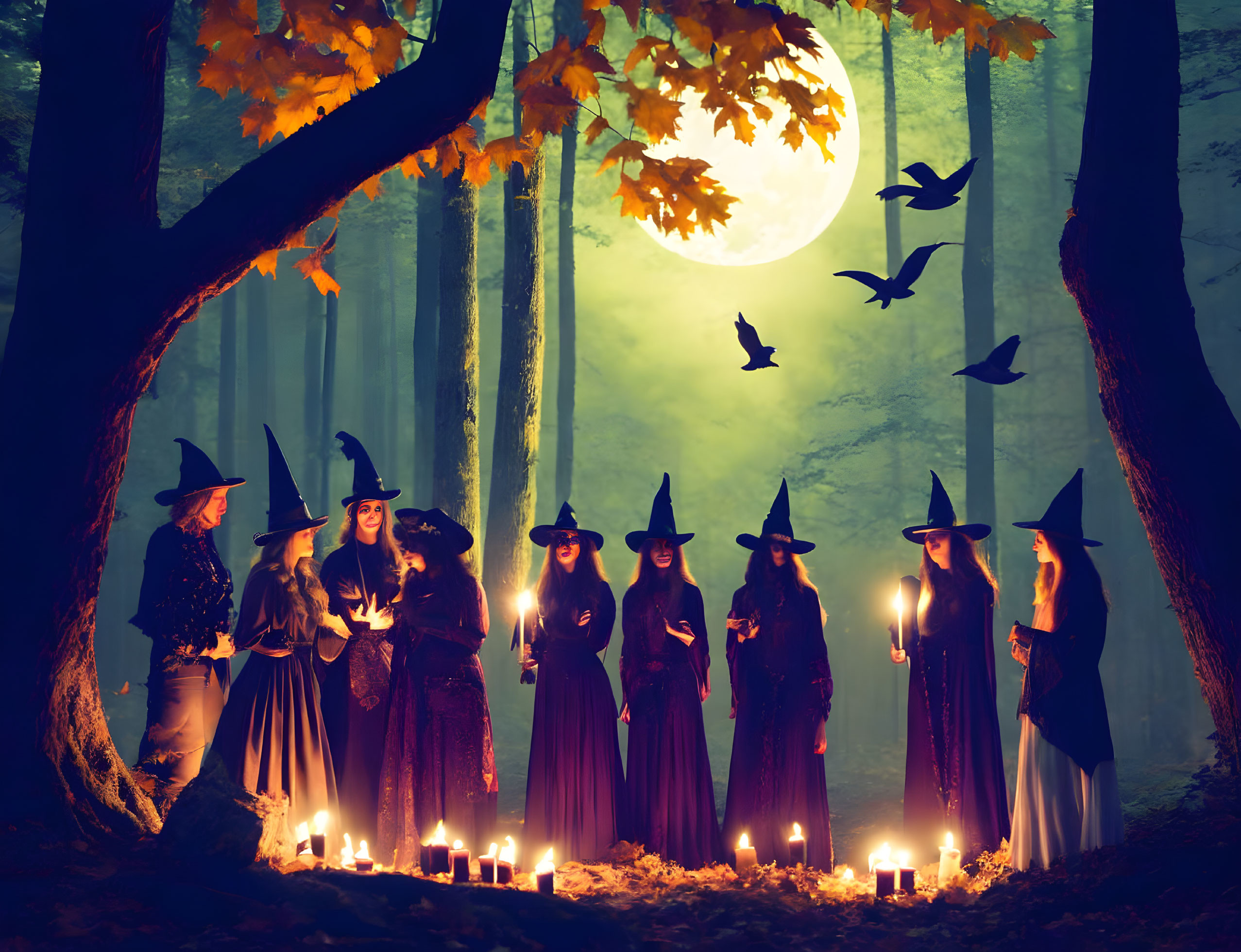 Group of people in witch costumes with candles in misty forest under full moon.