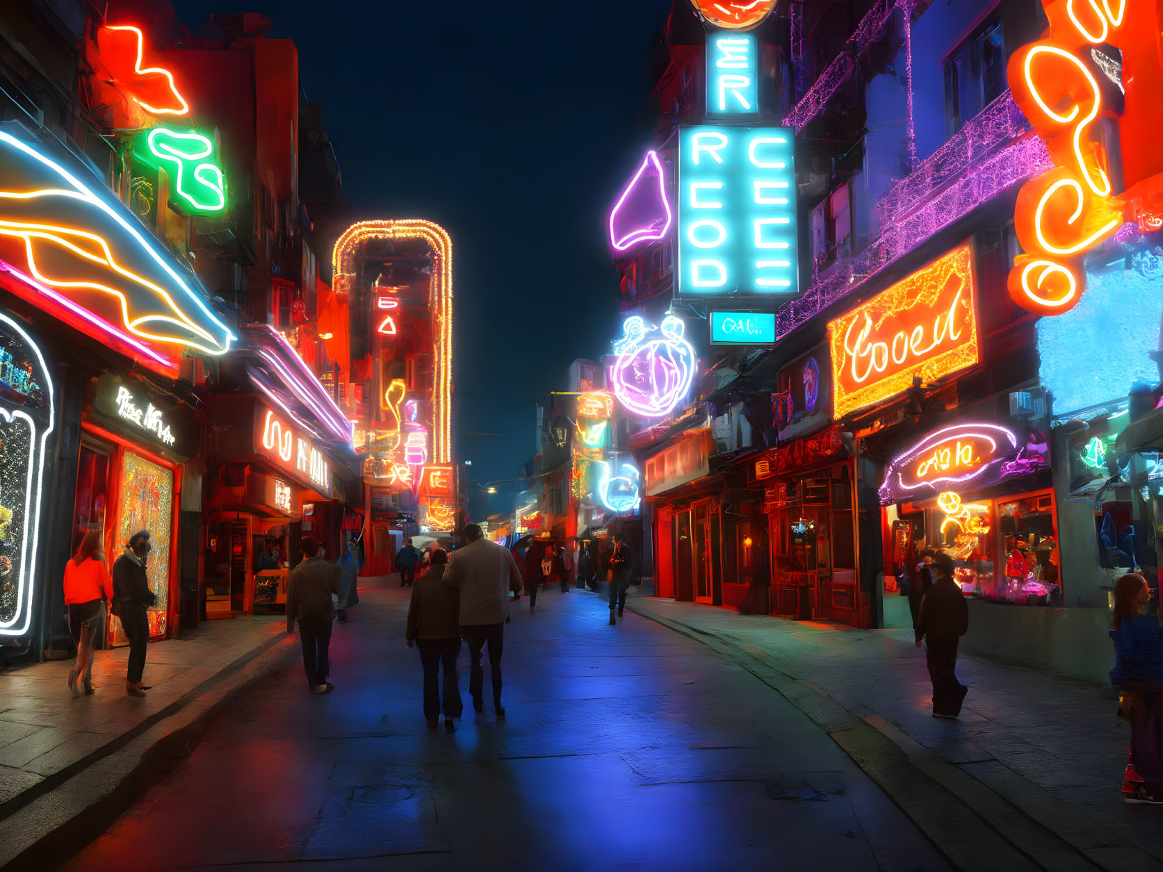 Urban nightlife: Vibrant night street with pedestrians and neon signs