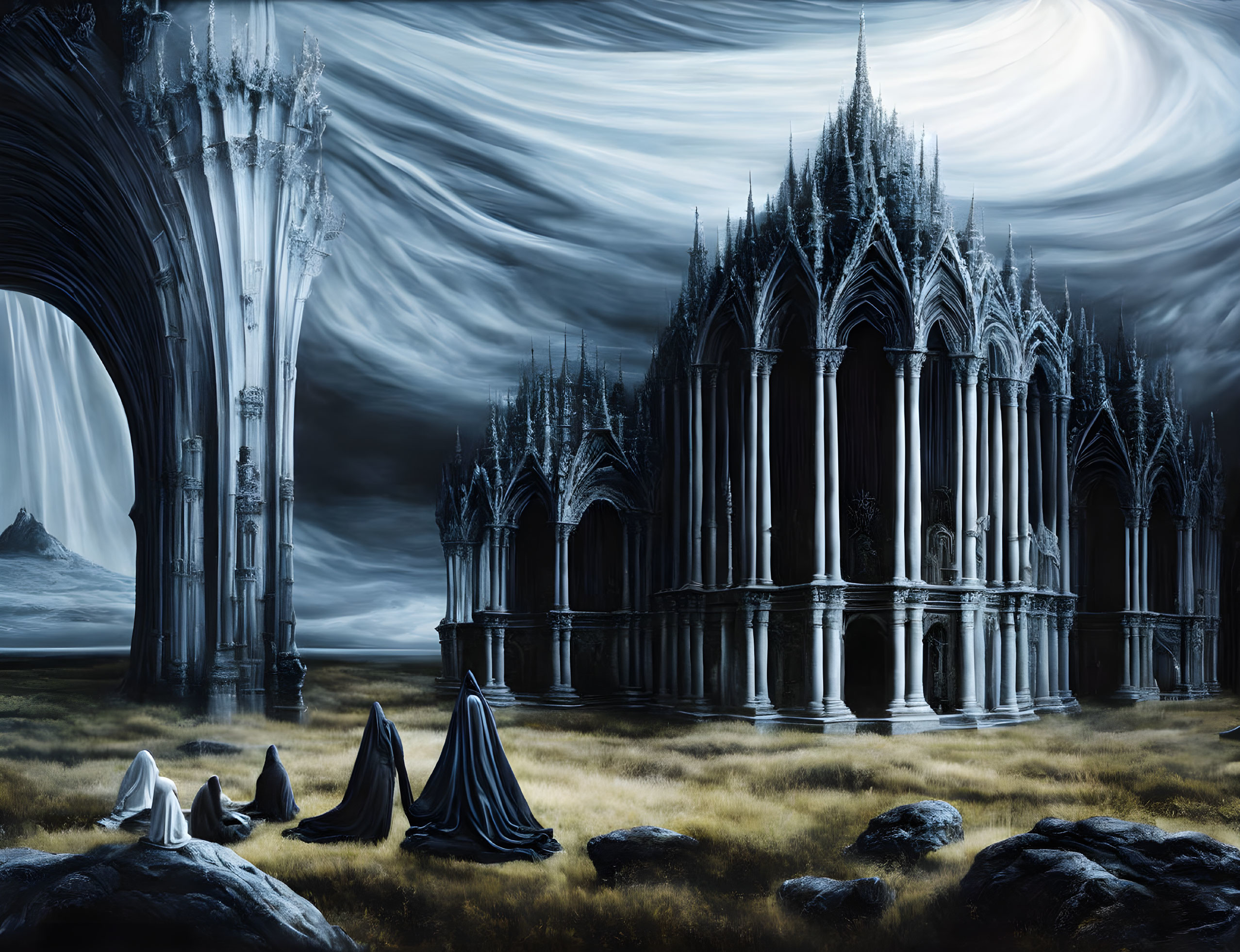 Gothic cathedral ruins and robed figures in desolate landscape