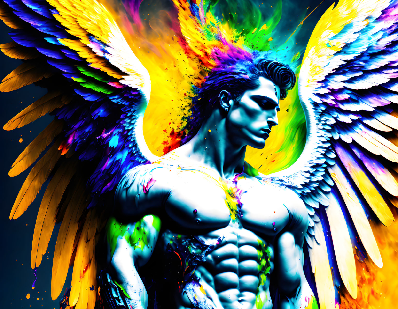 Colorful male figure with expansive wings on dark background