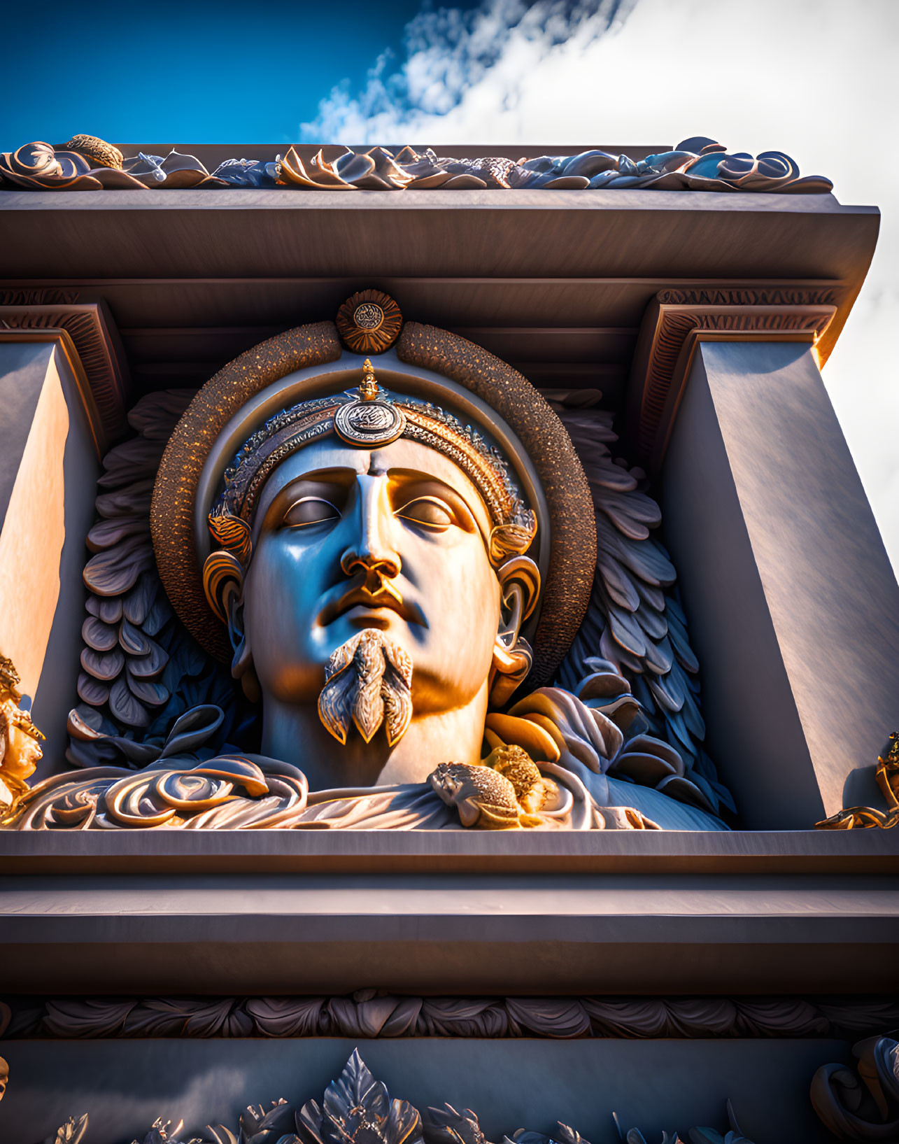 Detailed close-up of ornate sculpture with serene face and traditional headgear against blue sky