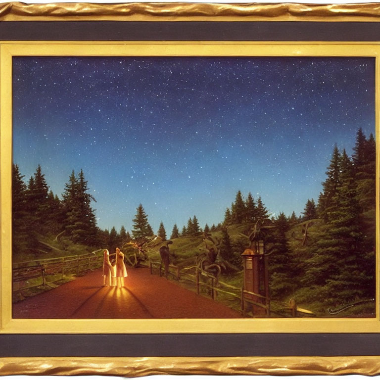Framed painting of couple in forest under starry sky with musician and deer