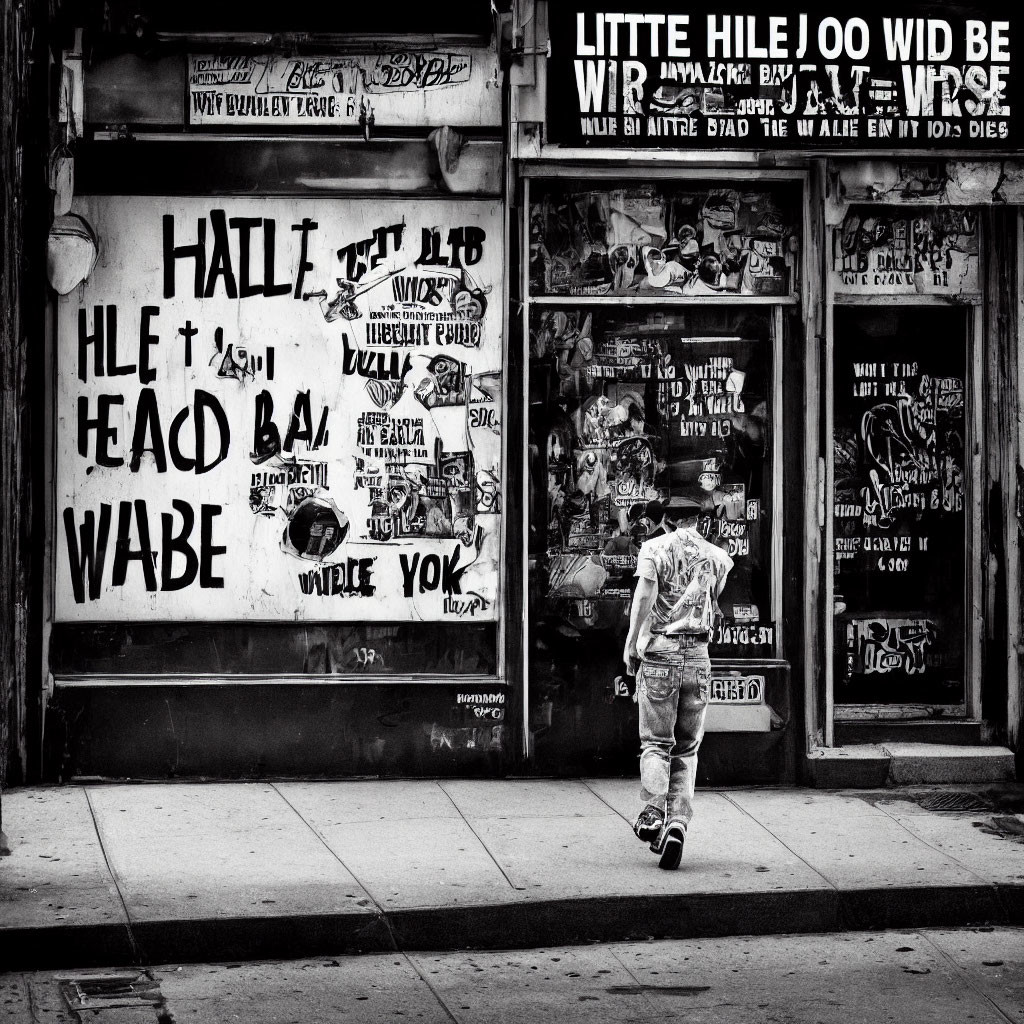 Graffiti-covered urban storefront with posters and inscriptions