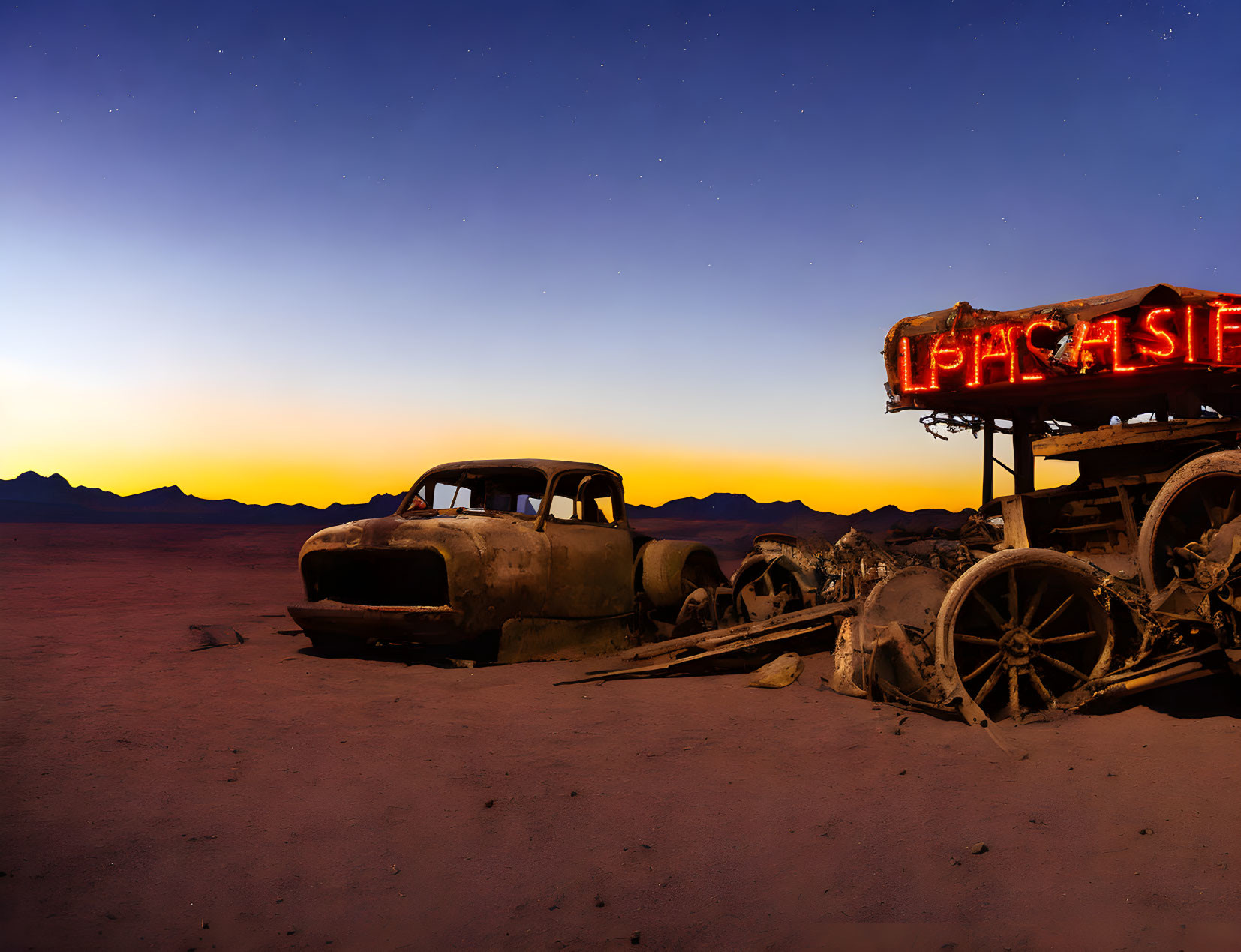 Abandoned car and wooden wagon under twilight sky in desert landscape