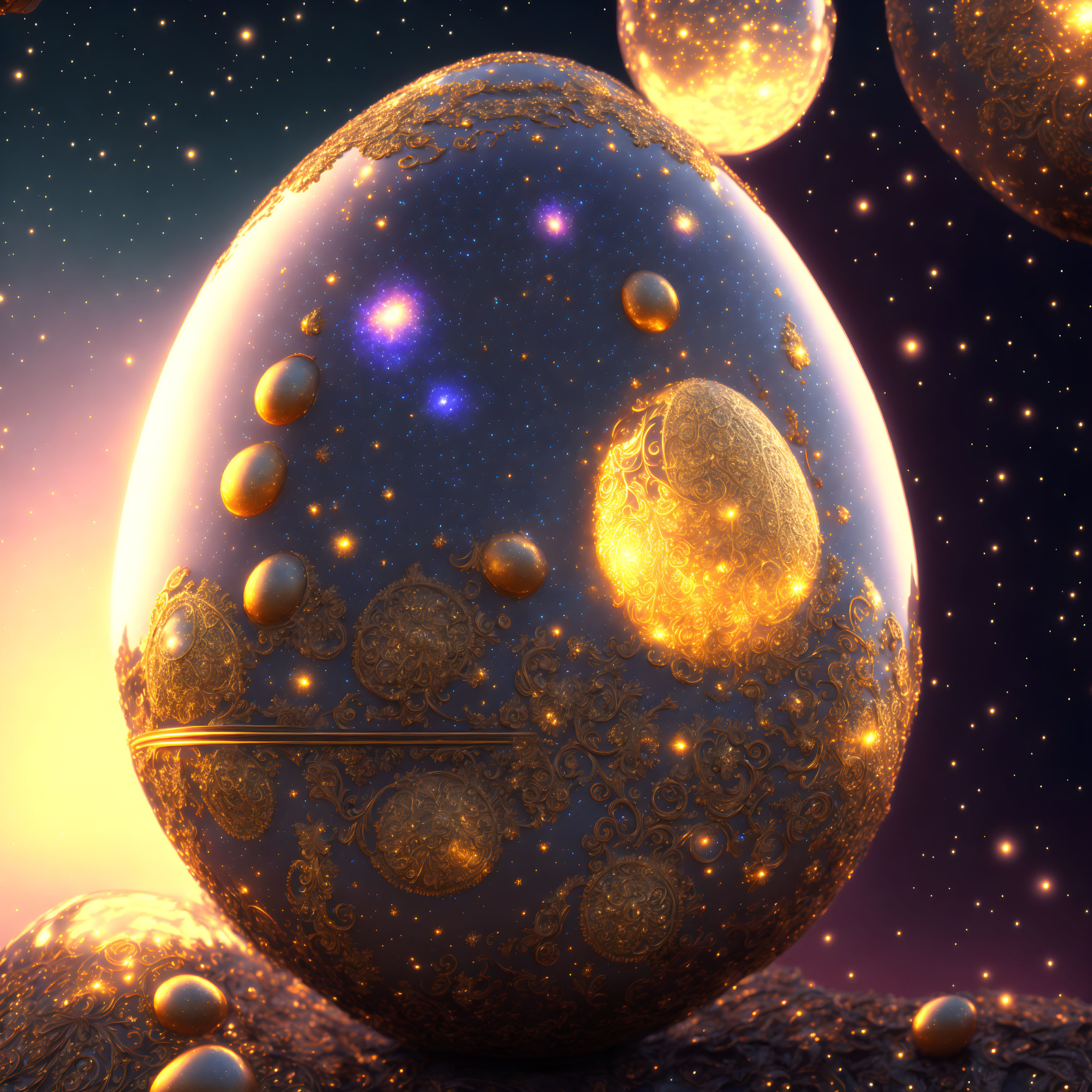 Intricate Golden Cosmic Egg Among Celestial Bodies