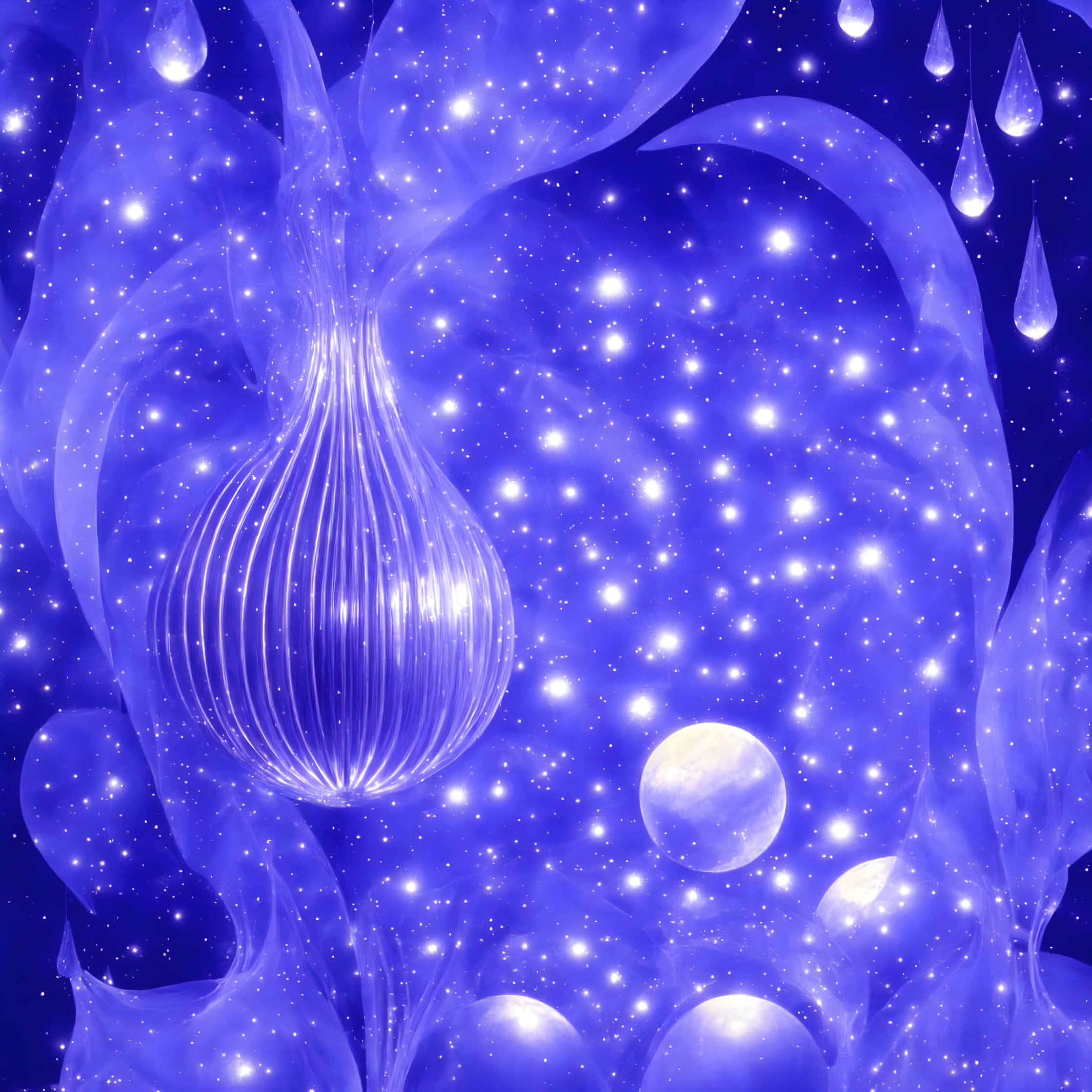 Abstract cosmic image with central onion-like shape and swirling patterns on starry indigo background