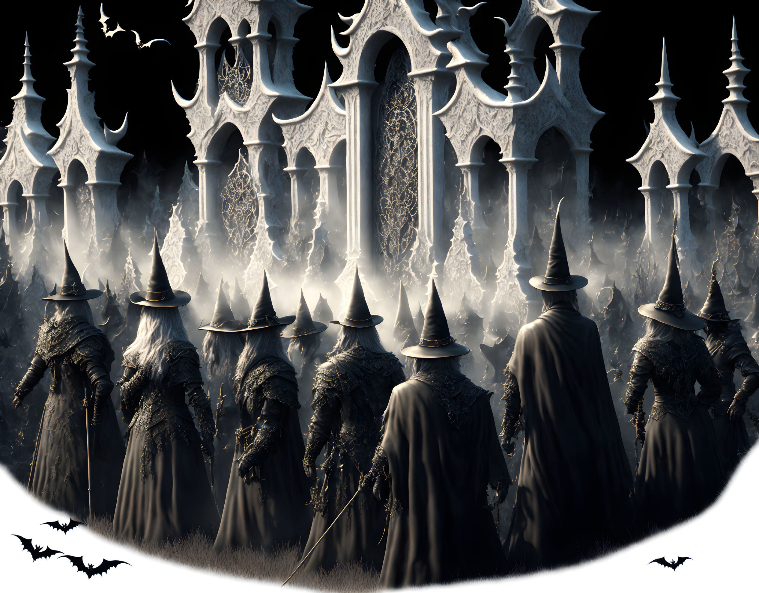 Cloaked Figures in Misty Dark Fantasy Setting