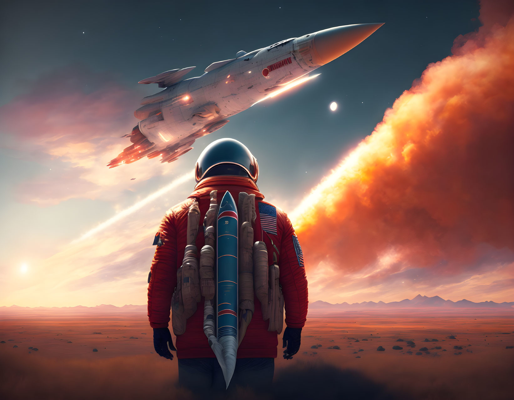 Astronaut with jetpack observes spaceship launch at twilight