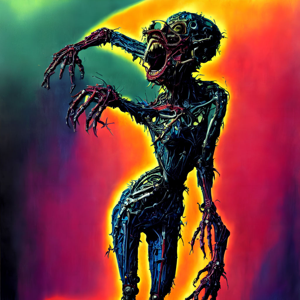 Elongated limbs, sharp claws, wide-open mouth: Grotesque skeletal creature on vibrant background