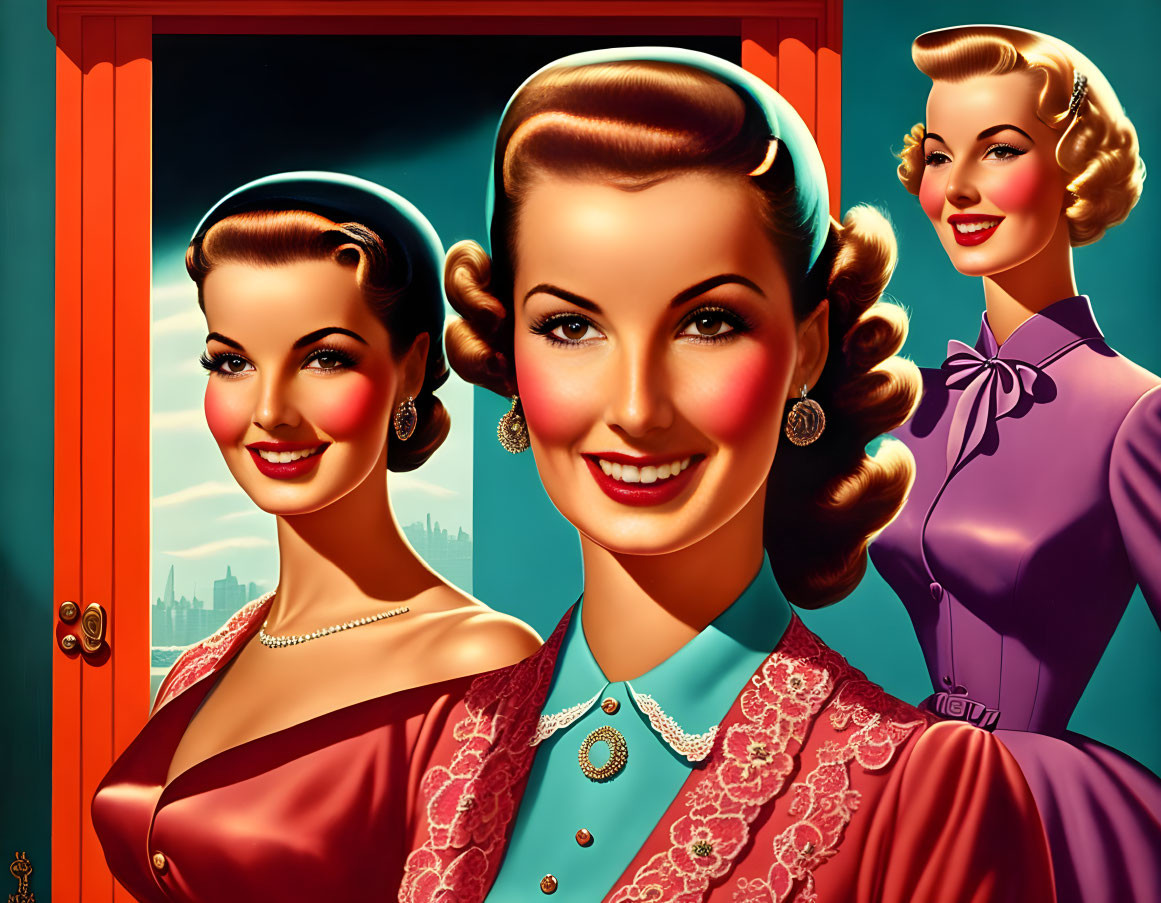 Vintage-Style Cartoon Women Smiling with Cityscape Background