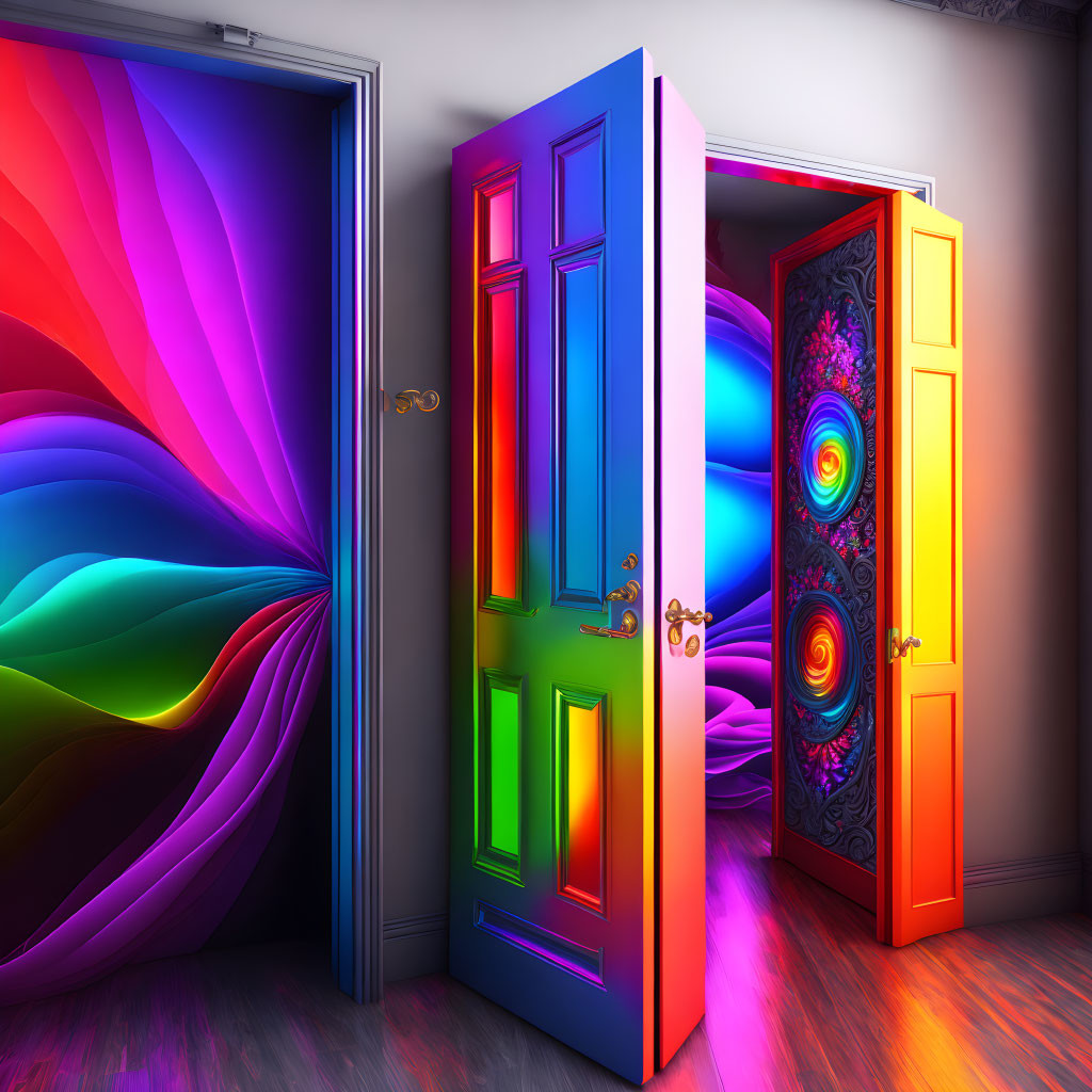 Colorful Doors Revealing Psychedelic Patterns in Dimly Lit Room