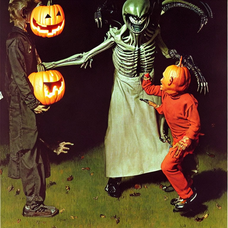 Children in alien and pumpkin costumes with jack-o'-lantern creature