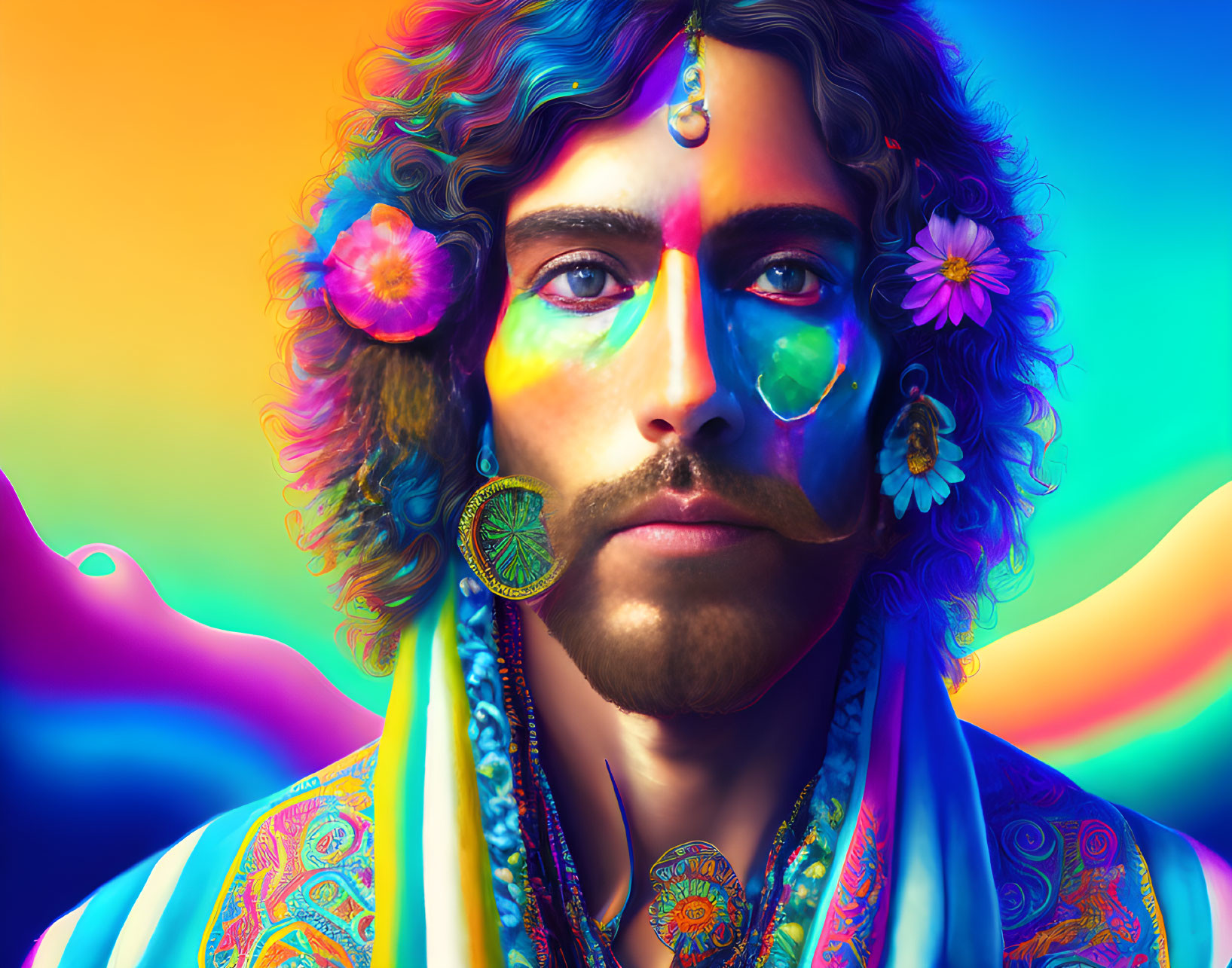 Colorful portrait of a man with psychedelic colors and floral decorations