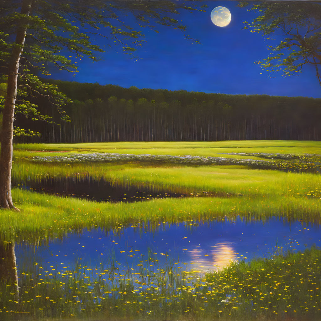 Moonlit landscape with reflective pond and wildflowers in dense forest