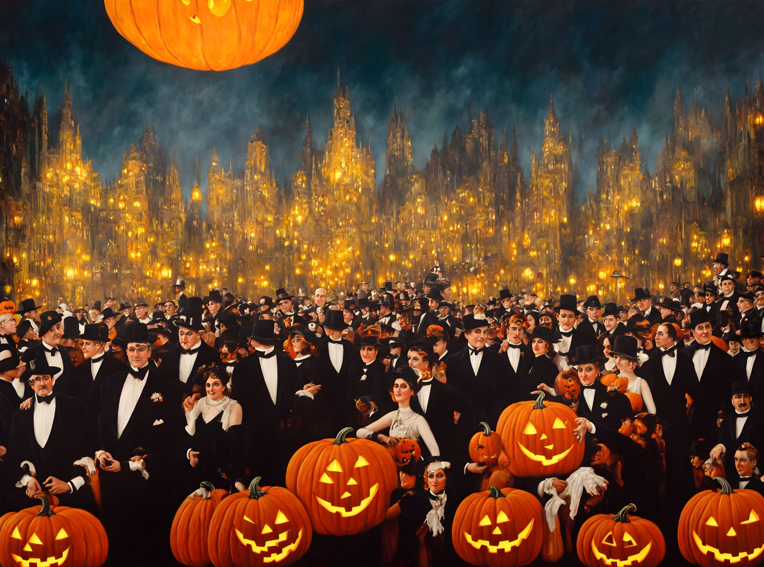 Crowd in formal attire with pumpkin heads against gothic cityscape.