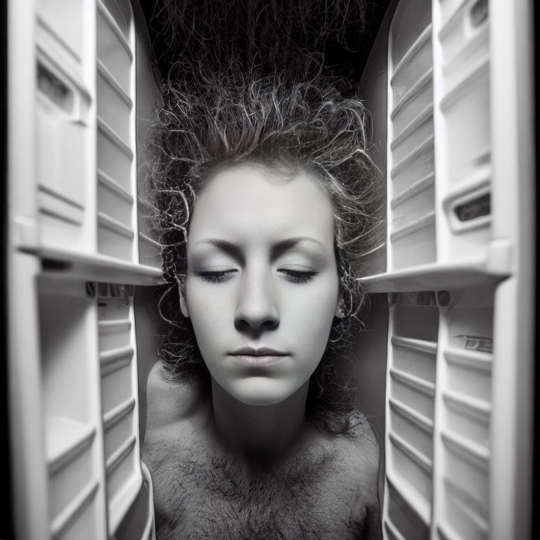 Person with Closed Eyes and Voluminous Hair in White Medicine Cabinet Frame