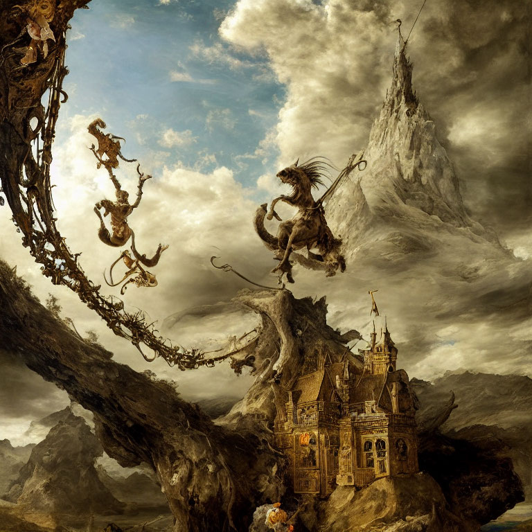 Fantastical winged creature, whimsical architecture, figures grappling on a vine