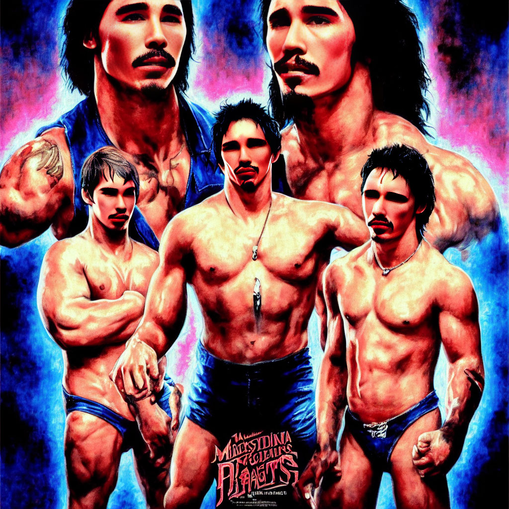 Muscular man with long hair in various poses on vibrant background