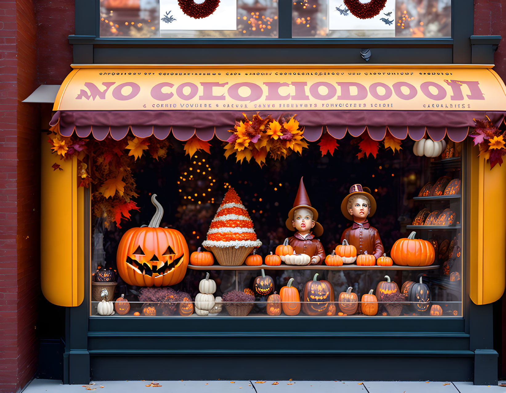 Festive Halloween-themed storefront with pumpkins and costumes