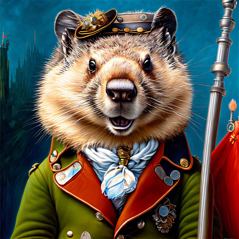 Illustrated beaver in Napoleonic-era military uniform with intricate details